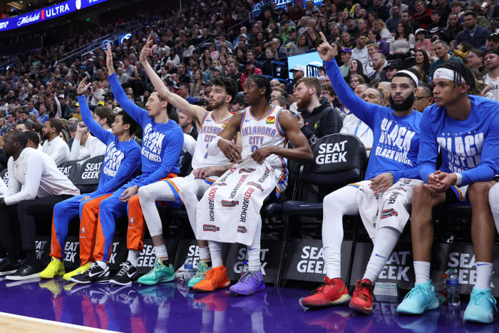 Feb 6, 2024; Salt Lake City, Utah, USA; The Oklahoma City Thunder bench reacts to a shot against the Utah Jazz during the second quarter at Delta Center.